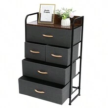 5-Drawer Dresser, 4-Tier Storage Organizer, Tower Unit for Bedroom, Hallway, Entryway, Closets - Sturdy Steel Frame, Wooden Top, Removable Fabric Bins - Black - View 3