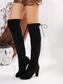 Ideal With Tops,Women Fashion Solid Color Over-The-Knee High Heel Boots With Drawstring, Chunky High Heeled Boots