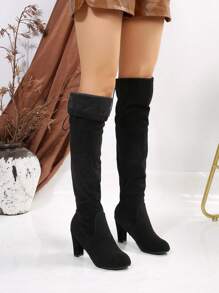 Ideal With Tops,Women Fashion Solid Color Over-The-Knee High Heel Boots With Drawstring, Chunky High Heeled Boots