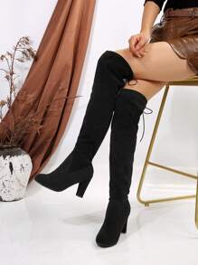 Ideal With Tops,Women Fashion Solid Color Over-The-Knee High Heel Boots With Drawstring, Chunky High Heeled Boots
