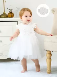 Baby Girls' White Dress With Puffy Tulle Dress, 0-2 Years (with Headband)