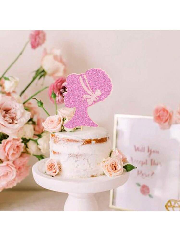 Girl Birthday Cake Topper – Pink Princess Glitter Crown, Wooden Stick Decoration For Parties - View #7