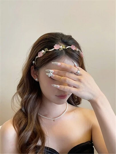 Elegant 1pc Women's Colorful Pale Pink Rose & Faux Pearl Decor Headband With High-Grade Hardware For Daily & Occasion Wear, Hair Accessories For Women Tiaras Hair Accessories Valentine's Day,Hairband,Hair Hoop Headbands Head Accessories Beauty Home Bedroom Decor