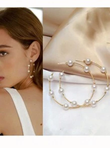 1pair New Style Large Circle Creative Vintage Faux Pearl Hoop Earrings, Oversized Circular Earrings For Women Christmas Winter Christmas Gifts
