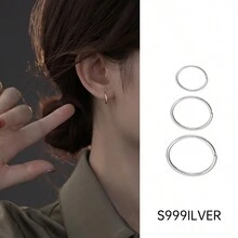 Under the banyan tree 1pair Simple Classic S999 Sterling Silver Round Circle Earrings, Uncommon Design, For Women, Suitable For Sensitive Ears - Silver - View 12