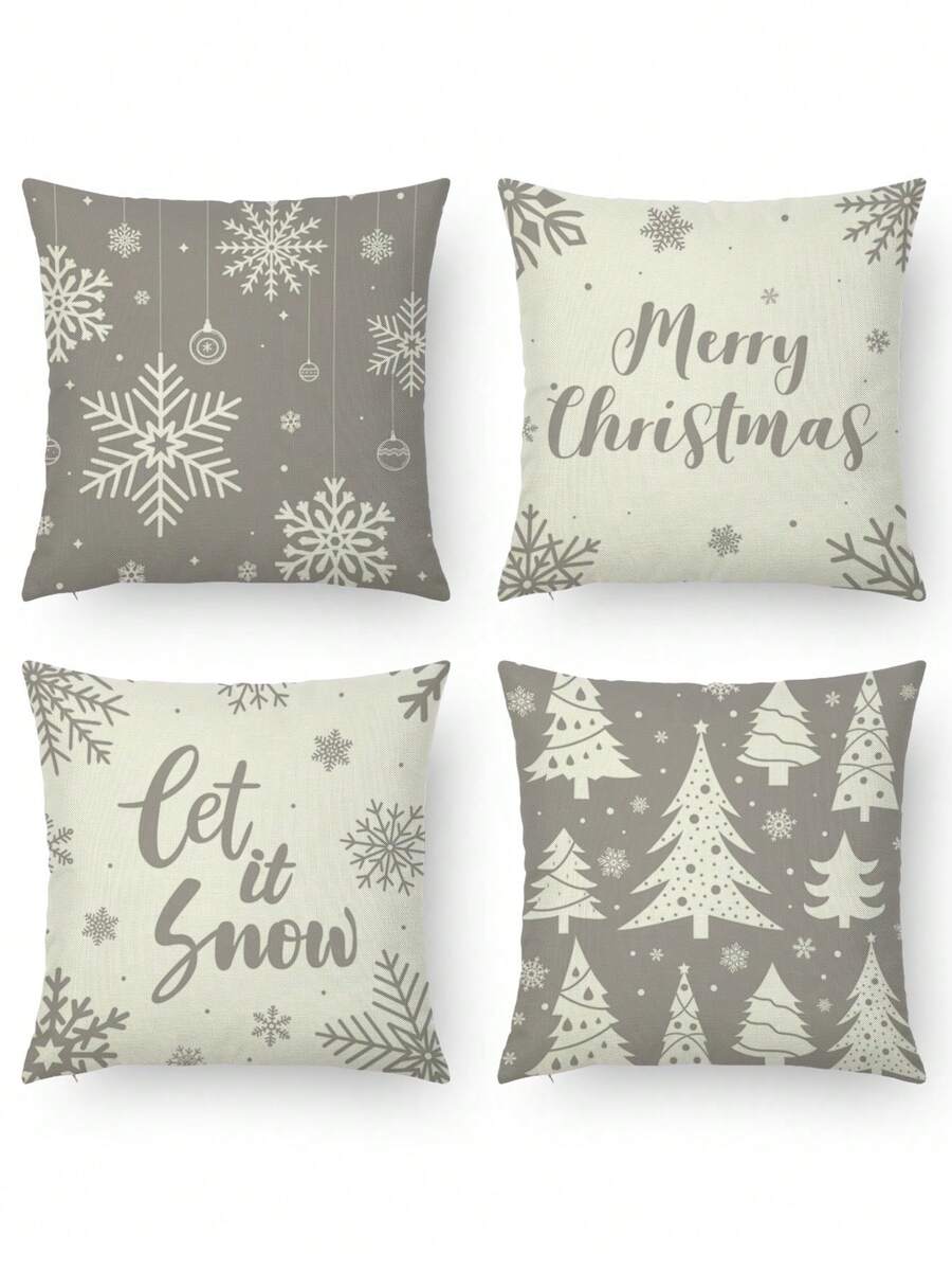 4入組聖誕主題字母紋枕頭套,現代風格亞麻布手繪印花靠墊套,適用於沙發客廳家居裝飾 - 灰色 - 查看 1