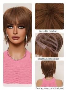 甜美可愛短髮短髮瀏海精靈短髮棕色化學纖維耐熱假髮女性日常時尚假髮自然色