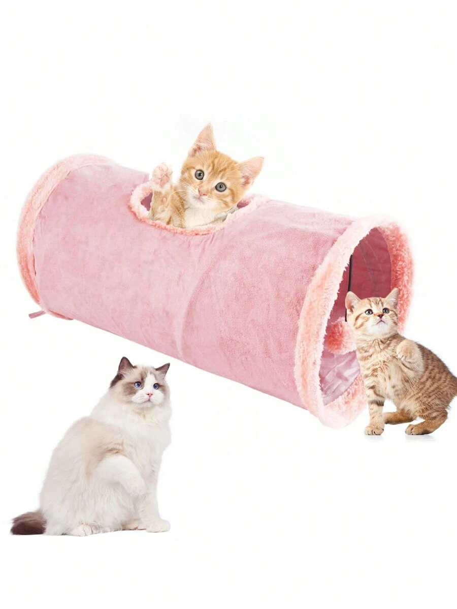 1/2 件装宠物用品可折叠猫隧道毛绒猫爬行管玩具可折叠猫隧道，易于组装且便携 - 粉色 - 查看 1