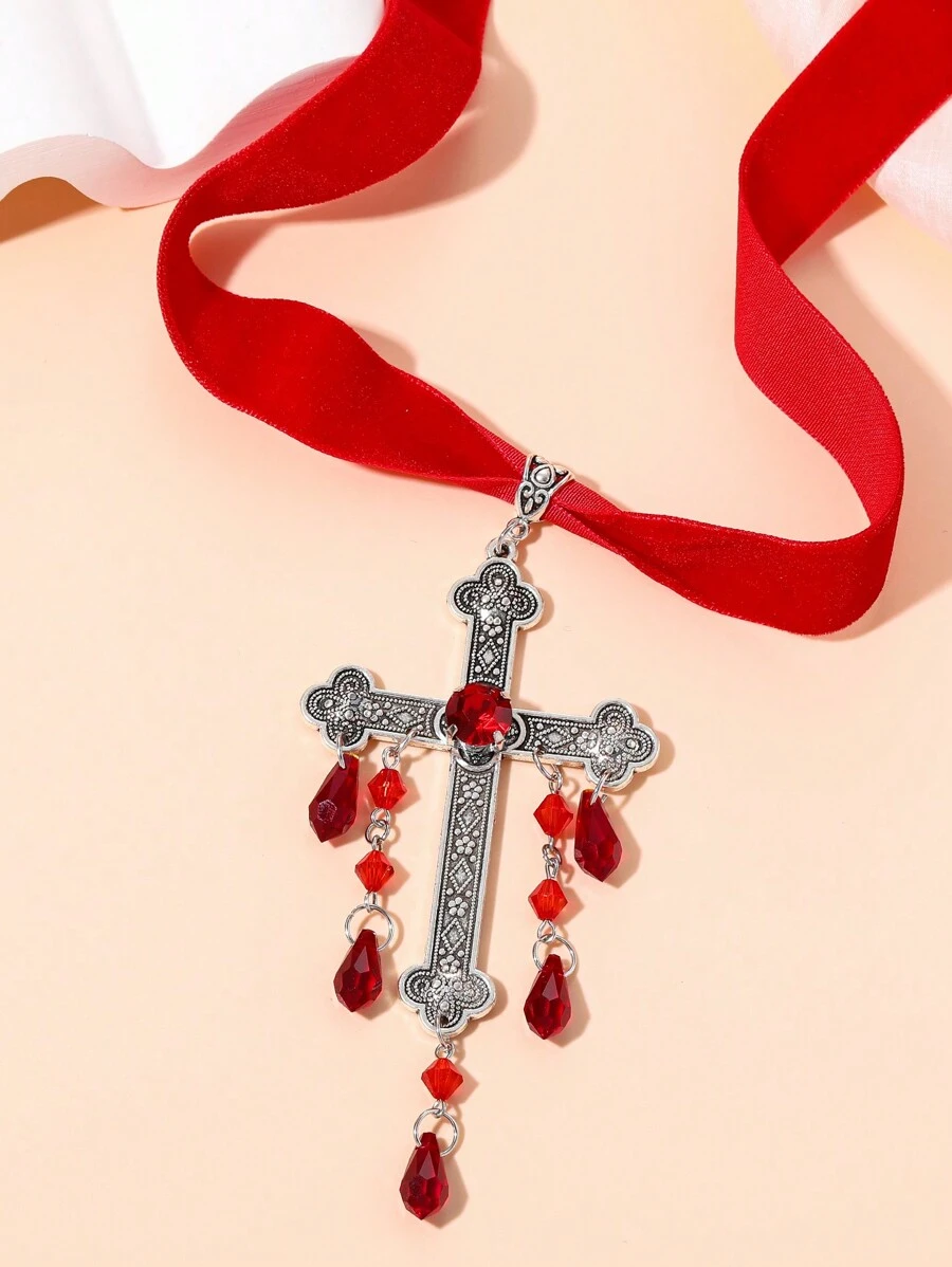 A Grand Cross Necklace Gothic Vampire Cross Pendant Choke Circle Gothic Necklace - Red - View 1