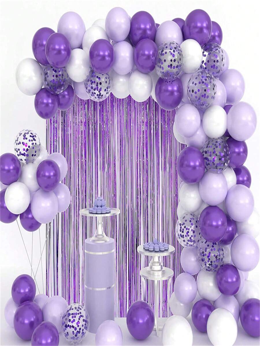 109入組紫色雨絲絨面絲綢布帶有紫白條紋和大理石效果的藍紫色和閃光氣球套裝,適用於家庭聚會、節日戶外活動、拍攝道具和夢幻紫色裝飾道具