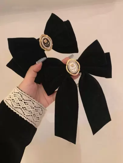 2个黑色玫瑰丝带蝴蝶结发夹，女士优雅发夹，爪夹，适合上学、大学、冬季穿搭，蝴蝶结，可爱，发饰，头饰