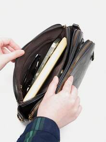 majue 3層可擴展多格式軟pu皮革方形斜挎包,寬敞 - 黑色 - 查看 8