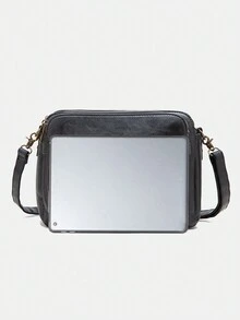 majue 3層可擴展多格式軟pu皮革方形斜挎包,寬敞 - 黑色 - 查看 10