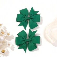 bilicaca 2pcs/set Candy Colored Kids' Bow Hair Clips For Holiday Party And Ponytail, Simple Side Clips For Girls' Hair Accessories - Green - View 1