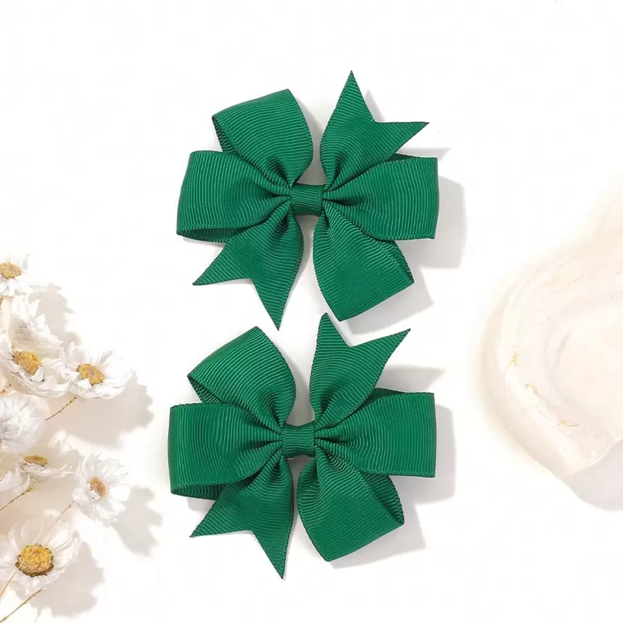 bilicaca 2pcs/set Candy Colored Kids' Bow Hair Clips For Holiday Party And Ponytail, Simple Side Clips For Girls' Hair Accessories - Green - View 1