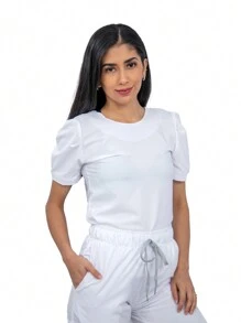 Filipino Women's Stretch Antifluid Surgical Pajamas Round Neck And Stretch Jogger Cargo Bags ElIZ - 白色 - 查看 2