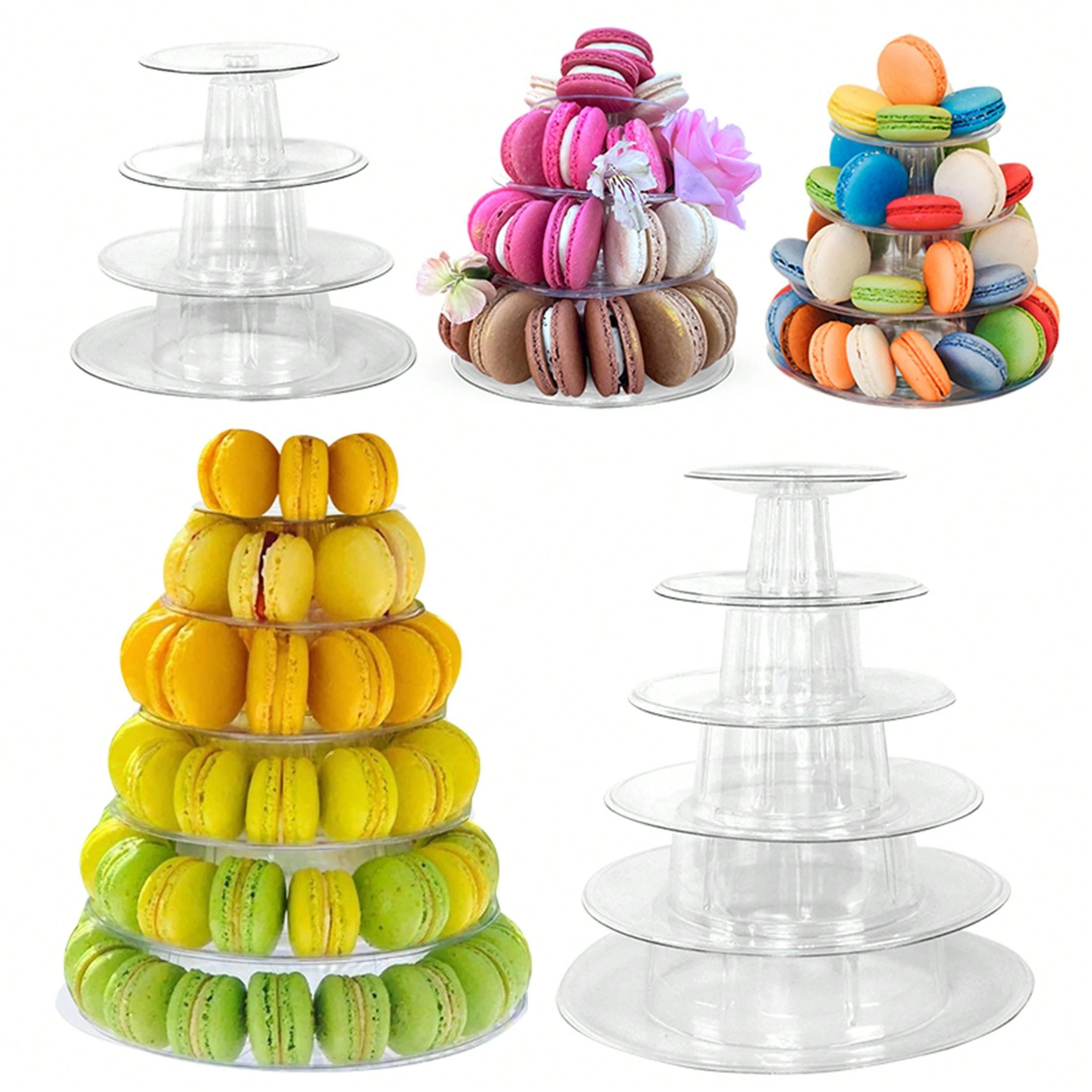 新着タワー形状 4/6/10層マカロンディスプレイスタンド、透明なプラスチックカップケーキタワー、ウェディングケーキホルダーベース