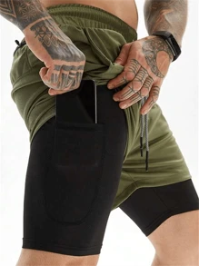 男士夏季運動雙層短褲,快干,適合跑步,籃球,健身訓練 - 軍綠色 - 查看 1