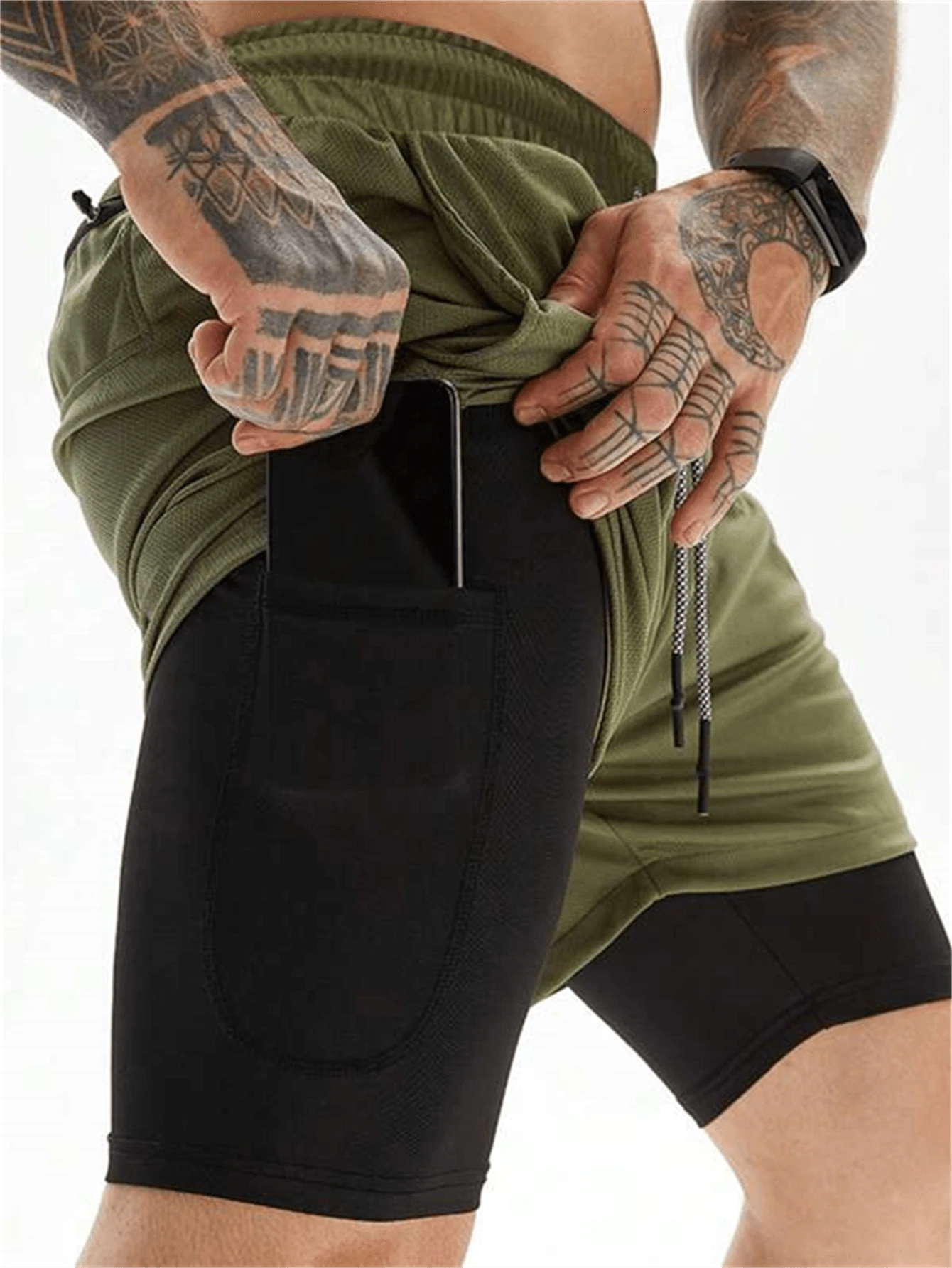 男士夏季運動雙層短褲,快干,適合跑步,籃球,健身訓練 - 軍綠色 - 查看 1