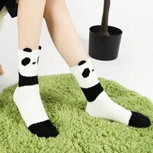 1 雙女式可愛卡通熊貓提花甜美百搭中筒襪適合日常穿著