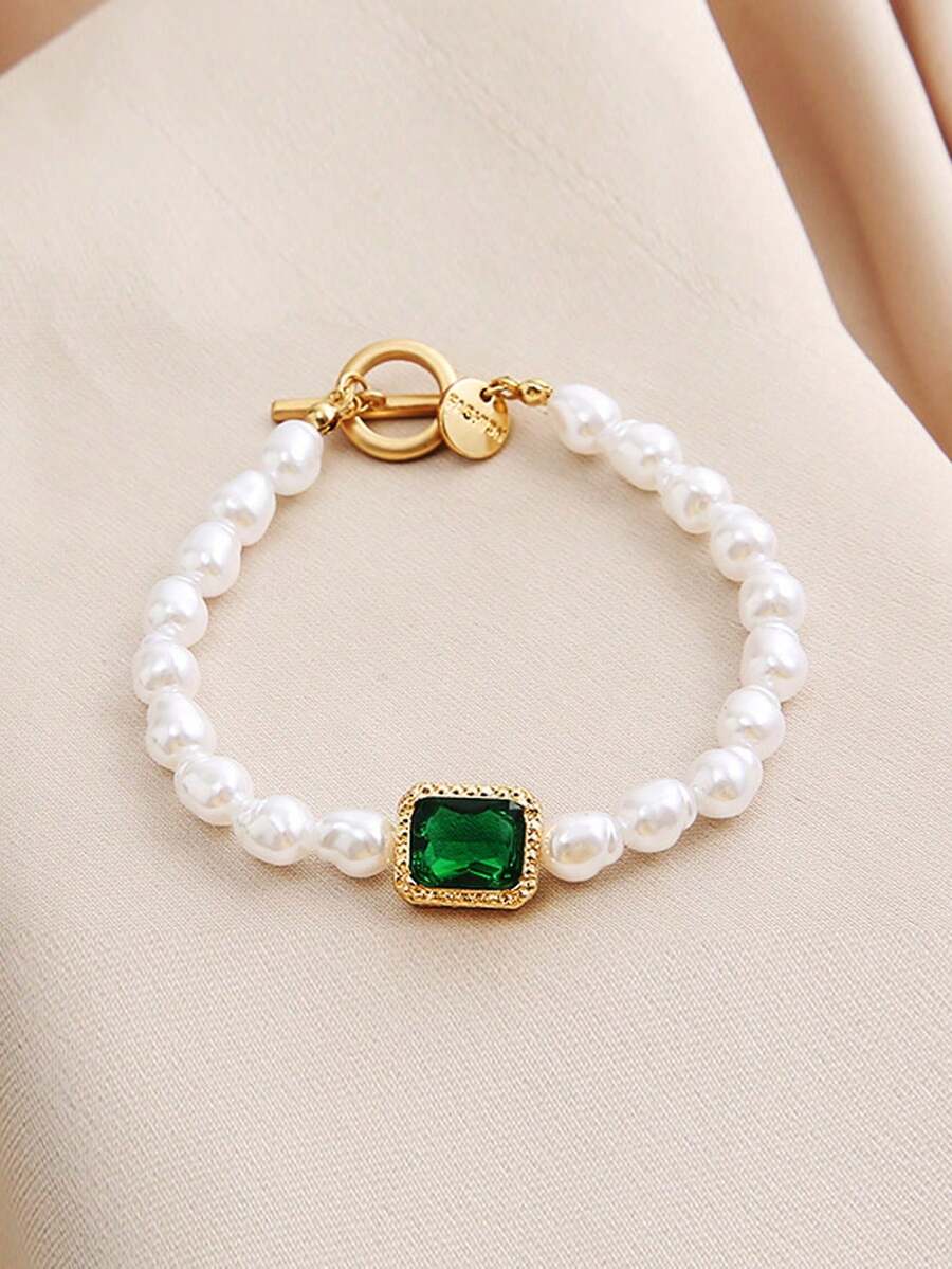 1件鑲嵌綠寶石和珍珠手鍊,適合女性日常佩戴
