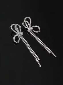 1pair Silver Color Rhinestone Bowknot Tassel Dangle Earrings - Silver sparkling diamond bow - View 5