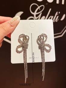 1pair Silver Color Rhinestone Bowknot Tassel Dangle Earrings - Silver sparkling diamond bow - View 3