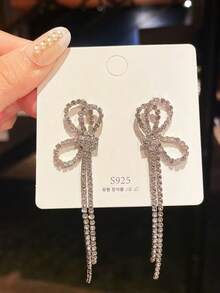 1pair Silver Color Rhinestone Bowknot Tassel Dangle Earrings - Silver sparkling diamond bow - View 4