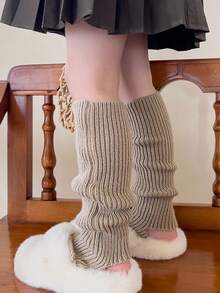 1 Par De Calcetines Tejidos De Color Sólido Para Cubrir Los Pies, Calentadores De Piernas - Caqui - Ver 2