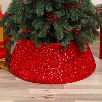 1 pieza Falda de árbol navideño roja 3D con base y entorno del árbol con brillo, mejor regalo, decoraciones navideñas para el hogar, decoración de habitación, decoraciones navideñas de invierno, regalos de Navidad, decoración navideña
