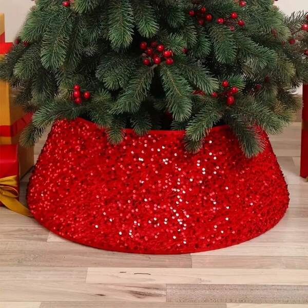 1pc Christmas Party Home Decoration Red 3d Tree Skirt With Glittered Tree Bottom And Tree Surround Best Gifts Birthday Christmas Decorations Room Decor Winter