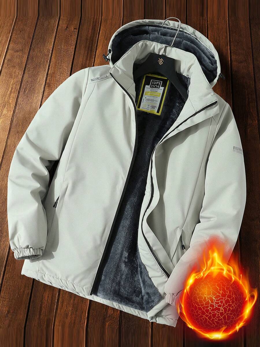 男友风格男士厚保暖内衬防风夹克，加厚外套健身服男友风格男士 - 卡其色 - 查看 1