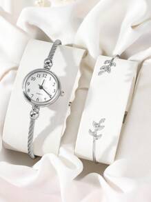 1pc Classic & Retro Women's Quartz Watch With Bracelet And 1pc Open Cuff Silver Leaf Adjustable Bracelet As A Gift For Students Returning To School