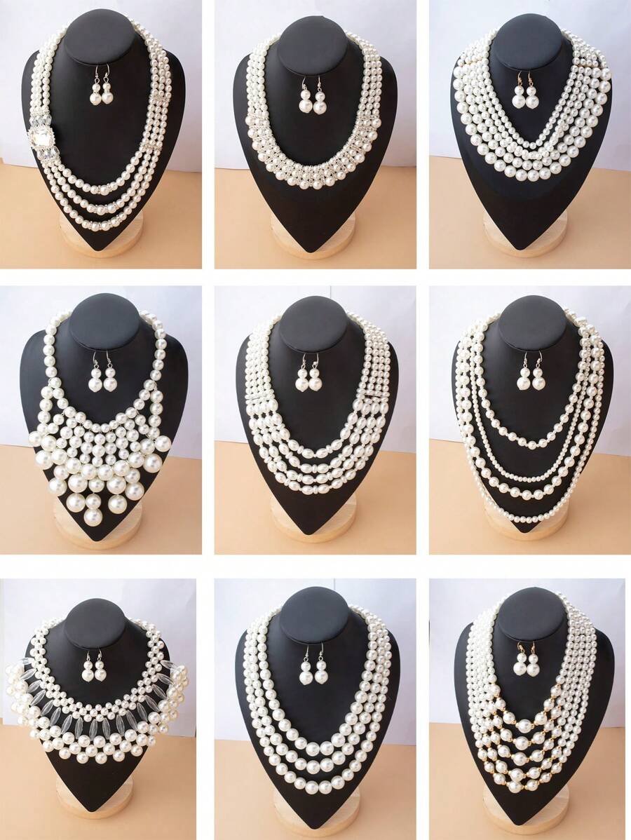 2pcs/Set Fashionable Exaggerated French-Style Multi-Layer Faux Pearl Necklace Set, Suitable For Banquets, Parties, Weddings, And Winter Sweater Dresses