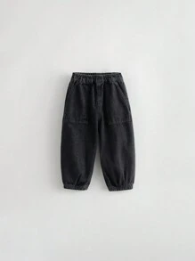 幼童男孩時尚寬鬆腰箍窄腳鬆緊束口牛仔褲,適合秋季