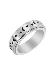 1pc Moon Star Pattern Stainless Steel Rotating Ring - Silver - View 5