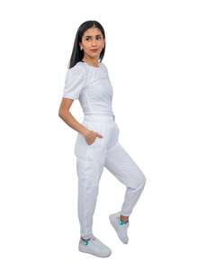 Filipino Women's Stretch Antifluid Surgical Pajamas Round Neck And Stretch Jogger Cargo Bags ElIZ - 白色 - 查看 3