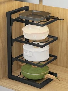 1個鍋具組織架置於廚櫃內,可調節鍋具組織架,用於組織和存儲鍋具,鍋蓋組織架