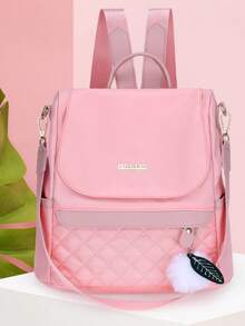 绗缝防盗背包，轻便，多口袋刺绣高级女士旅行包。时尚女士零钱包，防水高档休闲背包，带毛球吊坠，女士购物单肩包，时尚搭配背包，适合女生、中小学生、大学一二年级学生、毕业生、妈妈背包。