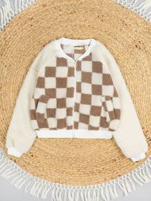 Chamarra de moda para mujer tela tipo borrego con diseño de cuadros y cierre completo - Café integral - Ver 8