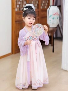 Girls' Purple Chinese Traditional Style Long Sleeve Cheongsam Dress - Mauve Purple - View 3