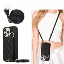 1pc Lychee Pattern Card Holder & Ring & Lanyard Pu Leather Phone Case Compatible With iphone - Black - View 5