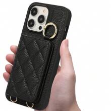 1pc Lychee Pattern Card Holder & Ring & Lanyard Pu Leather Phone Case Compatible With iphone - Black - View 6