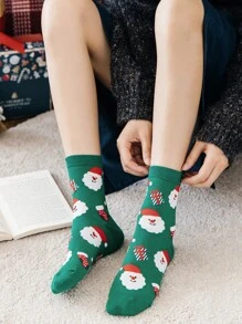 1 par/4 pares de calcetines cómodos y casuales de invierno con estampado de Papá Noel y hombre de jengibre para hombres