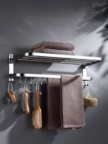 1pc No Drill Towel Rack Bathroom Storage Rack Wall Mounted Storage Shelf Multi-purpose Shelving Unit - Silver - View 3