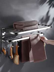 1pc No Drill Towel Rack Bathroom Storage Rack Wall Mounted Storage Shelf Multi-purpose Shelving Unit - Silver - View 1