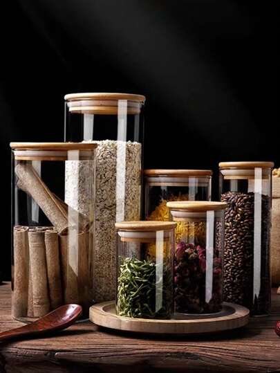 1pc Clear Glass Storage Jar With Bamboo Lid, Can Be Used For Storing Tea, Grains, Pickles And Other Foods, Moisture-Proof And Space-Saving, Glass Bottle