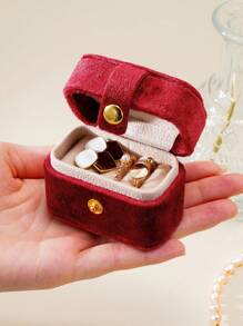 1pc Velvet Mini Ring Box. Simple & Portable Velvet Jewelry Storage Box, Ring & Earring Organizer. - Burgundy - View 2