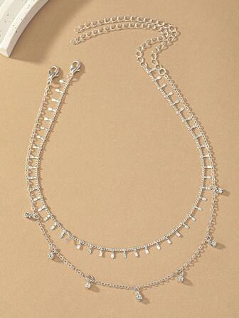 1 Set Of 2pcs Alloy European & American Style Multi-Layer Embossed Collarbone Chain Necklace With Crystal Pendants, Suitable For Women's Daily Wear