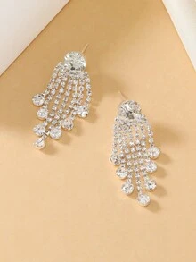 1pair Fashionable Super Sparkling Rhinestone Tassel Earrings - Silver - View 2